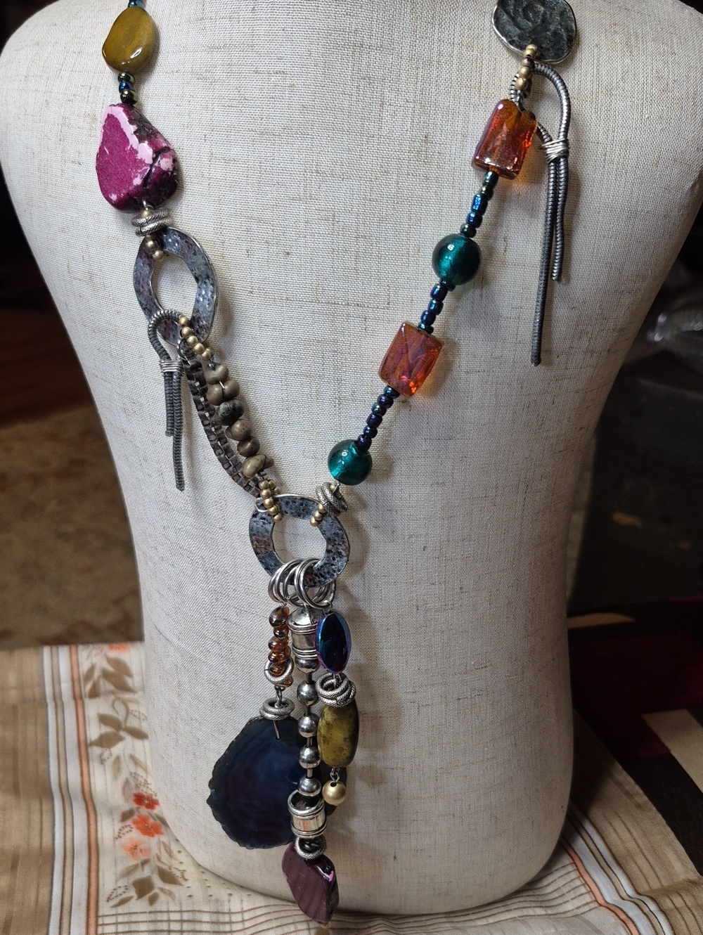 Treska Multicolor Bohemian Pendant Necklace with Pink, Teal & Orange Accents